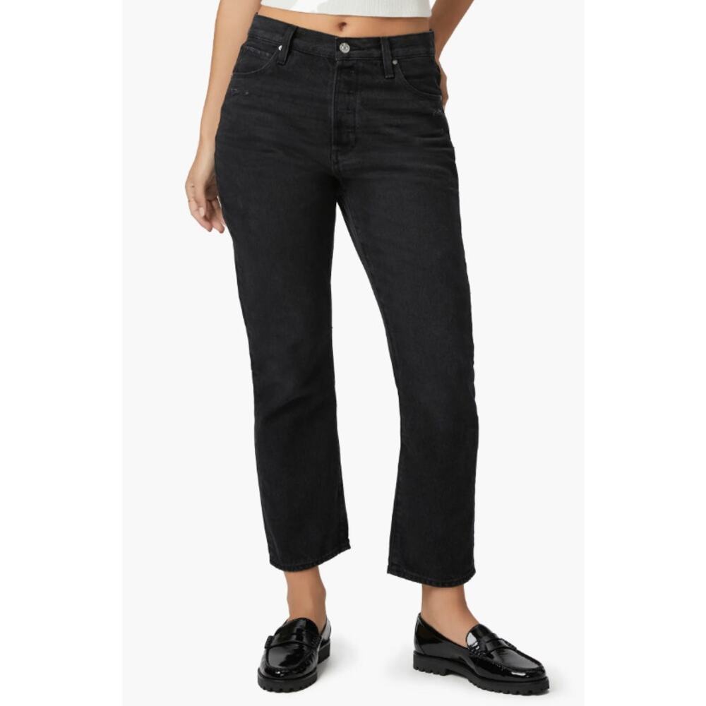 Paige Billy Crop Jeans 29 Black Distressed Button Fly High Rise Straight Leg GUC